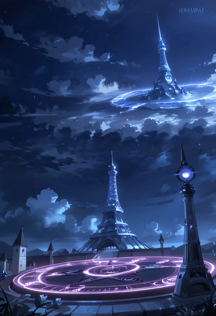 xartretrodeco, concentric radio waves, transmission tower, scenery, no humans, sky, magic circle, cloud, dark, fantasy, night, outdoors, scenery, no humans, sky, magic circle, cloud, dark, fantasy, night, outdoors, night sky, blue theme, tower, star (sky), glowing, cloudy sky, artistic, score_9, scenery, no humans, sky, magic circle, cloud, dark, fantasy, night, outdoors, night sky, blue theme, tower, star (sky), glowing, cloudy sky, light particles, building, lamppost <lora:xartretrodeco:0.47> <lora:xartretrodeco_r1:1.4> <lora:marinella-anime-000012:-0.54>
