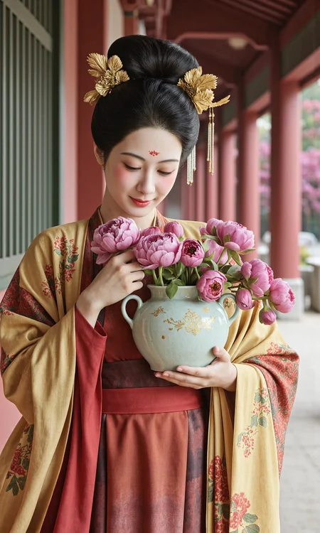 Top Atmosphere Photography Works, extremely realistic, Art by Zhang Jing,
In springtime Chang'an of the Tang Dynasty, a gracefully plump young noblewoman wears a high-waisted ruqun ensemble: an upper jacket of goose-yellow twill damask with floral medallions, layered over pomegranate-red gradient skirts, draped with a gold-dusted sheer silk shawl. Her hair is arranged in a high chignon adorned with step-shake hairpins and kingfisher feathers, featuring a goose-yellow floral forehead decal. She cradles a celadon-glazed ceramic pot with double handles, brimming with vivid purple-red peonies of layered petals. Smiling directly at the viewer, her crescent-shaped eyes sparkle while natural blush graces her cheeks. The background shows hazy vermilion pillars and Taihu scholar's rocks, with soft light filtering through begonia-shaped lattice windows. Rendered in meticulous court painting style blending Dunhuang mural color palette, with exquisite details reminiscent of Zhou Fang's "Court Ladies Adorning Their Hair with Flowers" from the Tang Dynasty.
(photorealistic:1.5), (Extremely realistic, masterpiece, top quality, official art, best quality, beautiful and aesthetic:1.2), 4k, 8k, very rich details, 24bit colors, vivid colors, cinematic color grading, landscape,