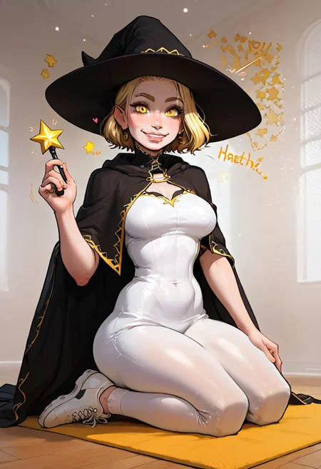 score_9, score_8_up, score_7_up, 1girl, slim petite woman with large chest breasts, teaching at wizard school , hand hold up a glowing wand,
happy, gorgeous face, cute, bounce breast, blushing, perfect eyes,
wearing dark cloak with star pattern , full coverage robes, pointy moon and star pattern witch hat, white sneaker shoes, bounce lines, hearts, golden stars, electric bolts, excitement lines,
blonde medium cut hair,
aqua color gym , golden hour light effects, cast shadows over subject, morning light,
detailed background, detailerlora,
skindentation, SkinDetail, 1nc4s3, Expressiveh, yoga