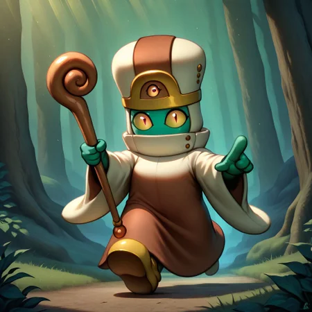 realistic, masterpiece, best quality, newest, absurdres, highres, sanwitch, solo, full body, duel monster, mitre, eye on hat, green skin, colored sclera, slit pupils, cloak, robe, shoes, shortstack, holding staff, running, looking at viewer, pointing, BREAK, forest, sunbeam