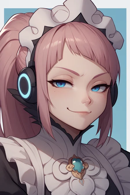 score_9, score_8_up, 1girl, solo <lora:felicia-fe-richy-v1_xl:1> feliciarnd, pink hair, ponytail, blue eyes, maid headdress, close-up, looking at the viewer, headphones, smug, brooch