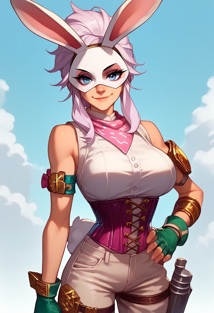 Score_9, score_8_up, score_7_up, best quality,
Stella, 1girl, Bunny Mask, skinny waist,sleeveless shirt, corset, pants, rabbit tail, fingerless gloves, kneepad, shinpad, bow thighstrap, gold wristband, bandana on arm, looking at viewer,  looking at viewer, smirk, upper body, large breasts,