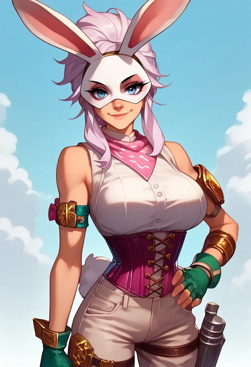 Score_9, score_8_up, score_7_up, best quality,
Stella, 1girl, Bunny Mask, skinny waist,sleeveless shirt, corset, pants, rabbit tail, fingerless gloves, kneepad, shinpad, bow thighstrap, gold wristband, bandana on arm, looking at viewer,  looking at viewer, smirk, upper body, large breasts,