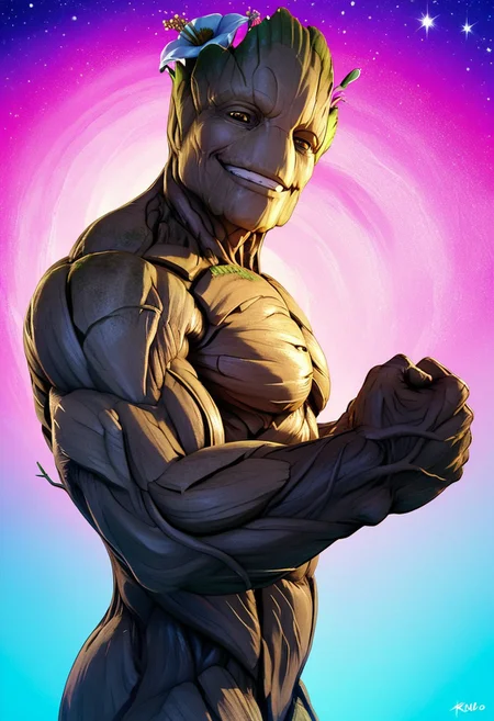 score_9, score_8_up, score_7_up, male, solo, Groot3, muscular, flora fauna, made of wood, huge muscles, bulky, pecs, alien, (noseless:1.1), amber eyes, smile, eyelids, half-closed eyes, grin, smug, flirty, seductive, expressive, looming, side view, (hip focus, cocked hip:1.1), flexing, flexing bicep, raised arm, fist, hand behind head, perfect hands, masculine, handsome, young, null, flower, sparkl, looking at viewer, head tilt, starry sky, (realistic, 3d:1.2), backlighting, sci-fi, shading, psychedelic background, rainbow colors, masterpiece, extreme detail, low-angle view, zPDXL3, zPDXLrl, zPDXLpg