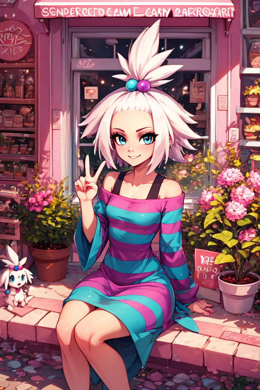 score_9, score_8_up, score_8, medium breasts, (curvy), cute, eyelashes, rating safe, smile, looking at viewer, sitting, BREAK, zzRoxie, blue eyes, white hair, hair bobbles, topknot, striped dress, <lora:Roxie_Pokemon_PDXL_Citron:0.8>, BREAK, pnkBldng in background, tree, no humans, window, animal, plant, pink flower, sign, potted plant, pink theme, shop, spring (season), storefront, BREAK, embedding:zPDXL, Expressiveh, <lora:PinkBuildingsPDXL_v2:0.6>, <lora:SDXLFaeTastic2400:0.5>, <lora:Expressive_H-000001:0.4>,