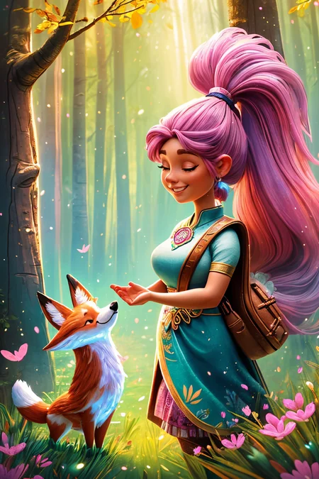 J_huiben, wide angle, beautiful woman walking through a mystical magical forest, talking to a mystical fox, spring, age 21, blue eyes, pink ponytail hair, cute smile, masterpiece, 4k, hdr, trending on artstation, extremely detailed, <lora:detail_slider_v4:1.5>,  <lora:J_huiben:0.7>