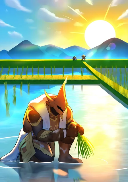 masterpiece, best quality, absurdres, perfect lighting,shiny skin,<lora:spo_sdxl_10ep_4k-data_lora_webui:0.7>,1boy,shukusei_lo, <lora:Voiceless Voice:0.9>,brown armor,duel monster,mecha, towel around neck,squatting,bent over,holding,rice paddy,grass,water,partially submerged,day, reflection, nature, blue sky, sun glare, mountain,cloudy sky,depth of field,glowing sunset, serene atmosphere, soft and warm lighting, natural setting, vibrant and whimsical,rice planting,<lora:rice planting:0.8>,mud,dirty face, dirty clothes