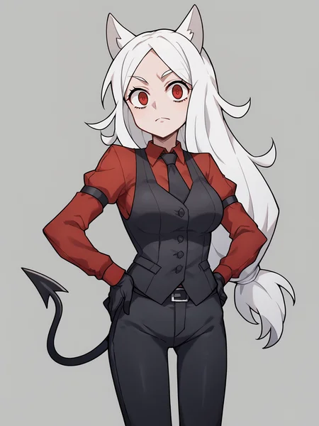 score_9, score_8_up, score_7_up, score_6_up, score_5_up, score_4_up, BREAK, source_cartoon, source_anime, 1girl, cerberus \(helltaker\), white hair, long hair, red eyes, dog ears, red shirt, arm garter, black gloves, black necktie, black pants, black vest, necktie, demon girl
solo, hands on hips, looking at viewer, simple background
<lora:CerberusXL:1>