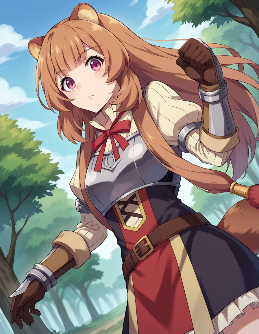 score_9, score_8_up, score_7_up, source_anime,
raphtalia, <lora:raphtalia-ponyxl-lora-nochekaiser:1>,
raphtalia, long hair, bangs, brown hair, animal ears, raccoon ears, raccoon tail, raccoon girl, pink eyes,
long sleeves, sweater, ribbed sweater, puffy sleeves, breastplate, ribbon, red ribbon, gauntlets, glove, brown gloves, belt, skirt, armor,
outdoors, forest, nature,
looking at viewer, cowboy shot, dutch angle, dynamic pose,