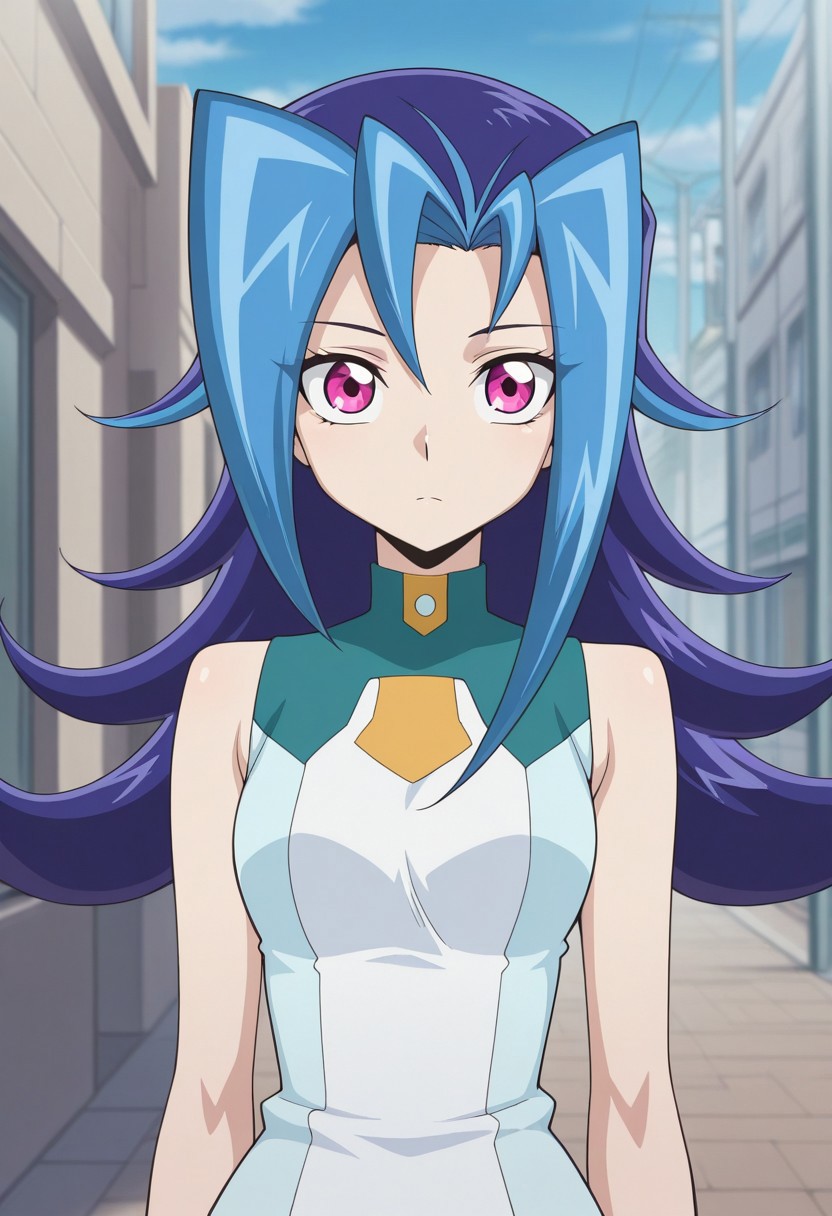 masterpiece,best quality,amazing quality, source_anime,
rioKamishi, 1girl, solo, pink eyes, multicolored hair, purple hair, blue hair, long hair, school uniform, shirt, multicolored shirt, sleeveless,
outdoor,