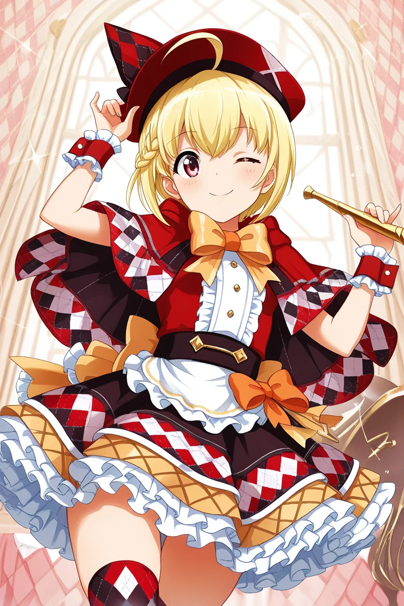 masterpiece, best quality, amazing quality,
<lora:Otori_IL:1> michiru, 1girl, one eye closed, solo, hat, blonde hair, instrument, skirt, looking at viewer, wrist cuffs, bow, short hair, holding, capelet, braid, frills, ahoge, frilled skirt, argyle, smile, thighhighs, bowtie, red headwear, argyle legwear