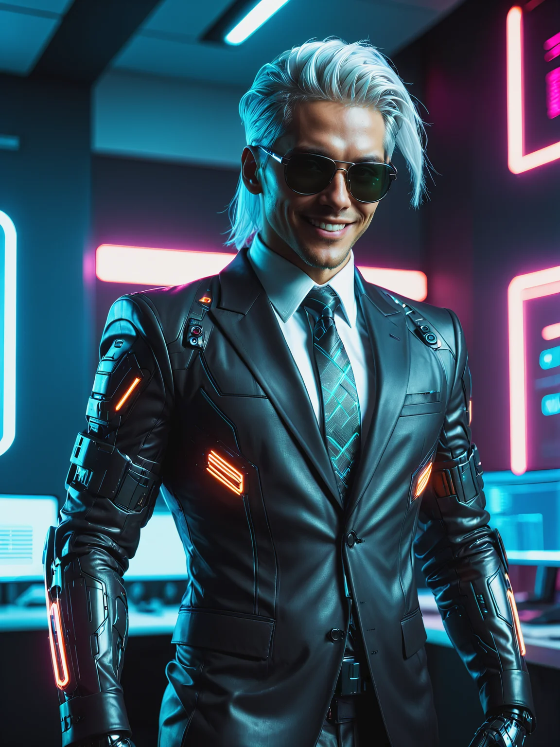 man wearing a suit and sunglasses, mad-neonbody, cyberpunk, futuristic office, neon light, white hair, light smile, dynamic pose <lora:Neon_Cyberpunk_Neon_Body_SDXL:0.6>, raw photo, film grain, (photorealistic, realistic:1.2), deep shadow, 8k, uhd, dslr, ultra high res