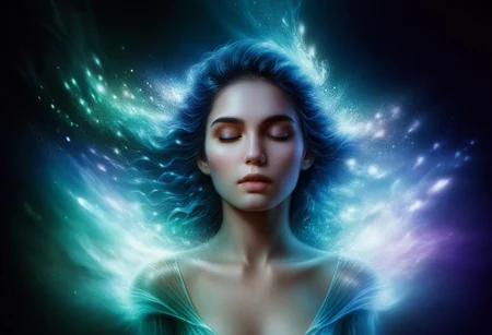 A digital painting depicting an ethereal female character with pointed elfin ears, viewed from a slightly elevated angle to the right. The character has a serene expression with closed eyes, lips gently parted, and illuminated by glowing, ethereal light streams in shades of electric blue, aquamarine, teal, and white. Her hair blends seamlessly into flowing, luminous energy waves that swirl around her head and shoulders, creating a sense of motion and otherworldliness. These swirling energy fields and neon-colored particles are intertwined with translucent liquid-like formations, adding depth and dimension to the composition. The character's skin appears smooth and pale, with subtle highlights enhancing her facial features. Small, sparkling emerald green and lavender orbs adorn her face and shoulders, reflecting the surrounding light. The background is dark and indistinct, enhancing the focus on the luminous figure. Softly glowing wisps of vapor or energy flow dynamically throughout the scene, contributing to the mystical atmosphere. The overall color palette includes deep navy blues, vibrant purples, soft whites, and various iridescent hues, with high contrast between the bright luminous elements and the darker surroundings. This striking composition evokes a sense of fantasy and tranquility, blending dreamlike and supernatural elements in a captivating digital artwork.