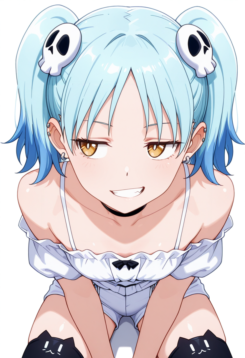 masterpiece,high quality details, absurdres,
 <lora:Izutsumi_Marín:0.8>
izutsumi_cnr, 1girl, blue hair,yellow eyes, multicolored hair,  skull hair ornament, twintails, black choker,ear piercing,, simple background, white background, front view,solo,, grin,bored,, 0 0,, ultra realistic, high detailed skin,, off-shoulder top ,off-shoulder blouse  ,tight shorts,  ,animal ear legwear thighhighs,