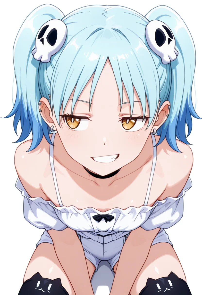 masterpiece,high quality details, absurdres,
 <lora:Izutsumi_Marín:0.8>
izutsumi_cnr, 1girl, blue hair,yellow eyes, multicolored hair,  skull hair ornament, twintails, black choker,ear piercing,, simple background, white background, front view,solo,, grin,bored,, 0 0,, ultra realistic, high detailed skin,, off-shoulder top ,off-shoulder blouse  ,tight shorts,  ,animal ear legwear thighhighs,