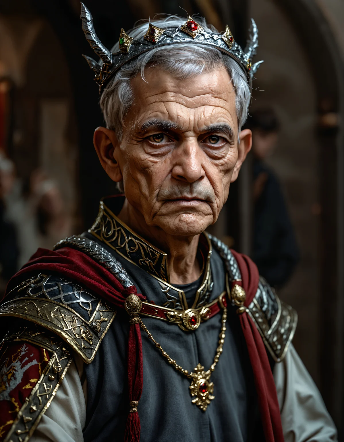 (zavy-ldprtrt), old man, full torso, diadem, tiara, royalty, king bust, crown, emo haircut, undercuthaircut, Photorealistic oil painting of (Handsome:1.1) (Sicilian) (Italian) (Catalan) (French) (bright green eyes) (half-dragon warrior-king:1.2) with (intricate metallic brass scales seamlessly meldedn0.9), 68-year-old, (black grey undercut short hair:1.1), (medieval fantasy clothing:1.2), grimdark fantasy, (medieval) fantasy, high fantasy, epic fantasy, (upper body:1.3) (medium shot:1.3) taken with (fujifilm xt3:1.1),