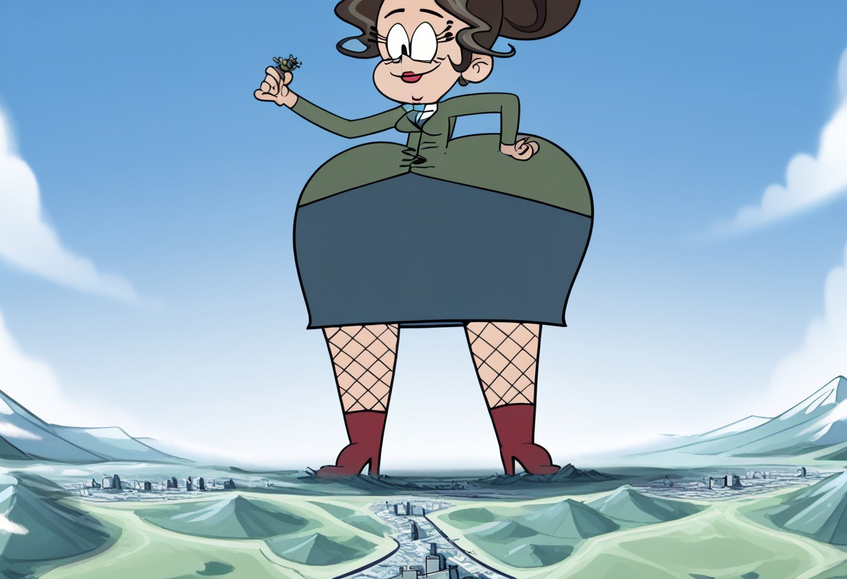 score_9, 1girl, solo,morag, 1girl, brown hair, solo, lipstick, green shirt,hair hair bun,  skirt, smile,red boots,fishnets, full body,high quality, high res, 4k, best anatomy, giantess, facing viewer, under foot pov, standing, hyper hips, from below, city underneath, landscape.
