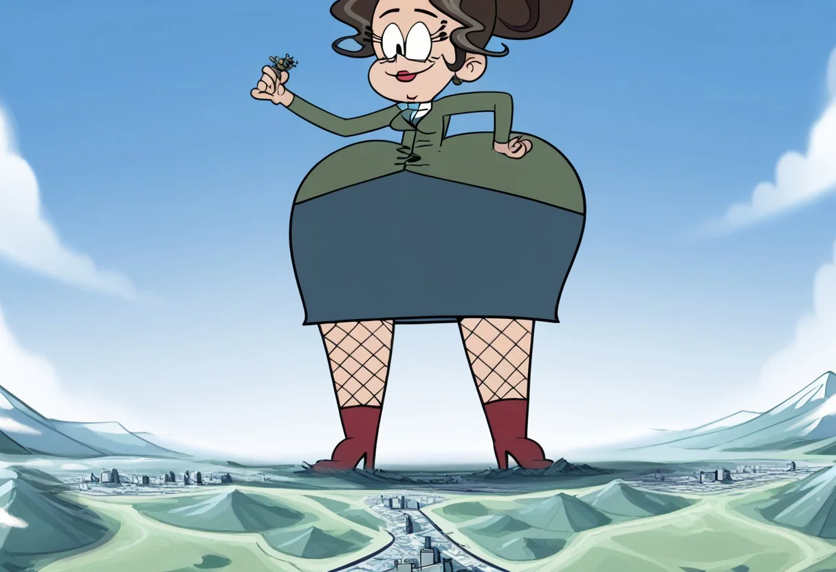 score_9, 1girl, solo,morag, 1girl, brown hair, solo, lipstick, green shirt,hair hair bun, skirt, smile,red boots,fishnets, full body,high quality, high res, 4k, best anatomy, giantess, facing viewer, under foot pov, standing, hyper hips, from below, city underneath, landscape.