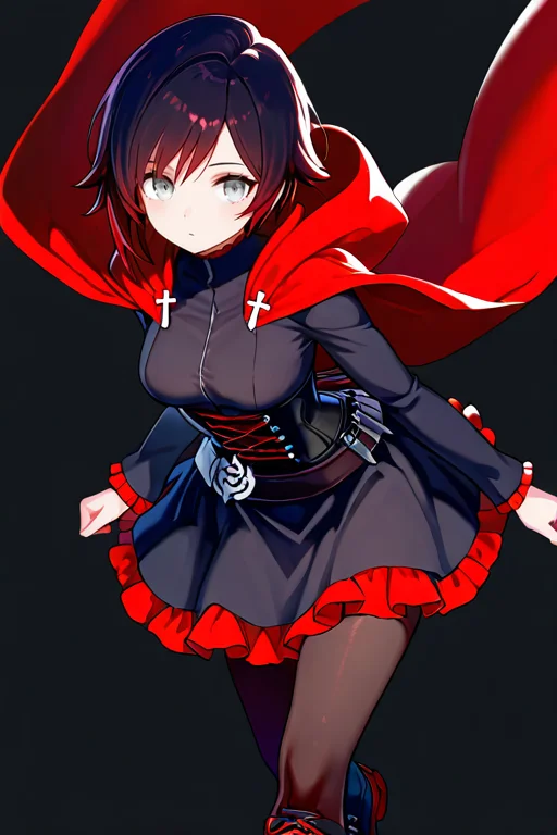 masterpiece, High quality, Ultra detailed, 2d, newest, absurdres, highres, BREAK
1girl, solo, <lora:ruby_rose:0.8>, ruby_rose_(ruby), short hair, black hair, multicolored hair, grey eyes,
medium breasts, rosedef, long sleeves, black dress, corset, belt, rose, skirt, frilled dress, pantyhose, black footwear, cross-laced footwear, hooded cloak, red cape,