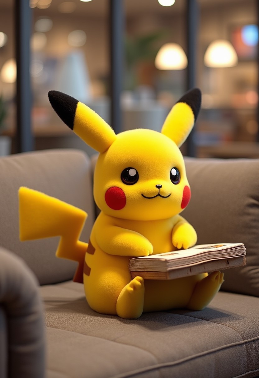 a pikachu working inside a furniture store in the couch section.