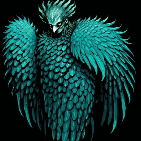 wizardry, illustration, beautiful Female monster, Humanoid Creature, feathers, long bird leg talons, black background, tattoos, holding a spear, mythical, mint turquoise color palette, Harpy