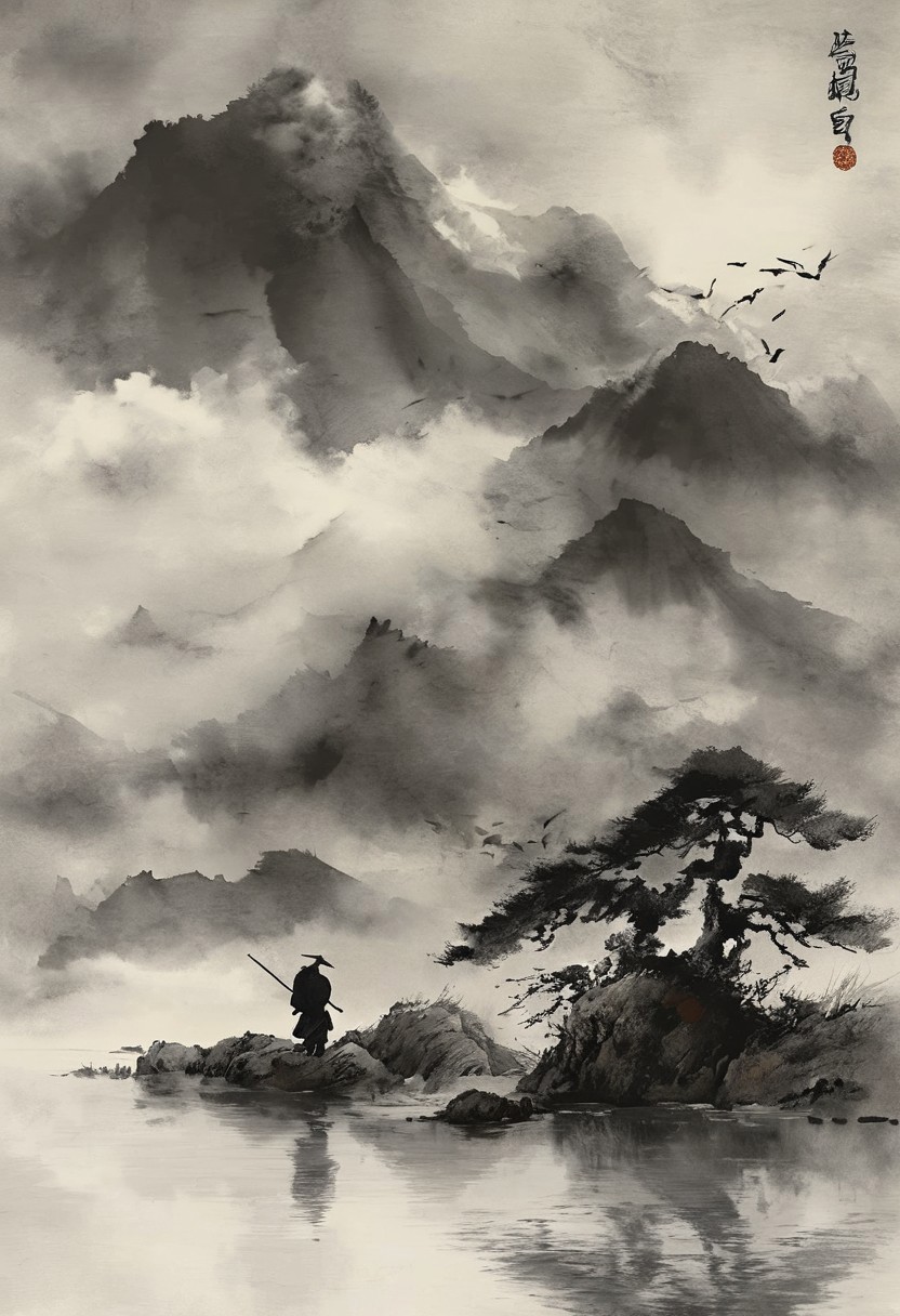 chinese meticulous ink, illustration, ink wash painting, Style-Japan, monochrome, watercolor, ( fine texture, masterpiece, ultra-detailed, very awa, best quality, very aesthetic, absurdres, newest, volumetric lighting, scenery, score_9, score_8_up, score_7_up), brown tones, aged black-red paper, Acer japonicum, inkpunk, surreal, BREAK,
Amidst an endless field of tall, whispering grass, a lone samurai warrior stands motionless, his silhouette etched against the sky like a forgotten ink painting. His posture is steady yet brimming with untamed energy, his multiple katanas resting at his side, blades reflecting the glow of embers smoldering on the ground. His topknot, carelessly tied, unravels slightly in the wind, stray strands dancing like ghosts of past battles. A flock of birds ascends in the background, their dark forms fleeting against the shifting clouds, as if sensing an impending storm. The entire scene is rendered in an evocative black-and-white ink style, where bold brush strokes and delicate shading capture the essence of a traditional Japanese aesthetic. Shadows stretch across the uneven terrain, and the embers pulse faintly, illuminating the lingering scent of fire and steel. Dramatic contrast amplifies the interplay of serenity and tension, a moment suspended between peace and the specter of violence. The composition is deeply cinematic, a portrait of a warrior both tranquil and formidable, lost in thought yet ready to strike at any moment, embodying the timeless spirit of bushidō.