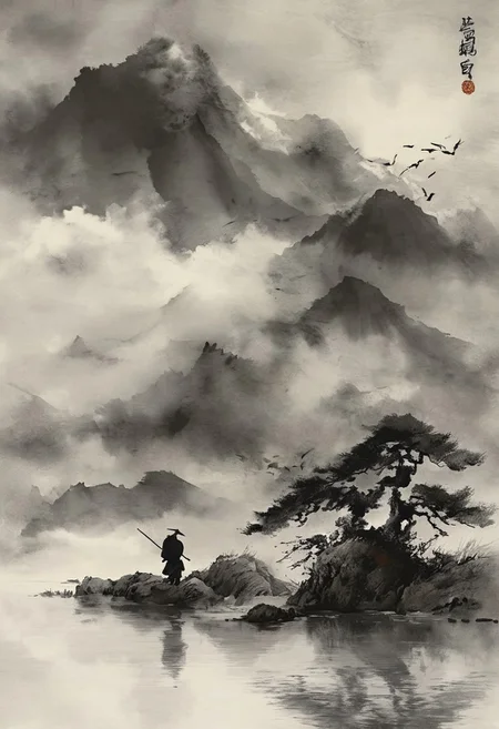 chinese meticulous ink, illustration, ink wash painting, Style-Japan, monochrome, watercolor, ( fine texture, masterpiece, ultra-detailed, very awa, best quality, very aesthetic, absurdres, newest, volumetric lighting, scenery, score_9, score_8_up, score_7_up), brown tones, aged black-red paper, Acer japonicum, inkpunk, surreal, BREAK,
Amidst an endless field of tall, whispering grass, a lone samurai warrior stands motionless, his silhouette etched against the sky like a forgotten ink painting. His posture is steady yet brimming with untamed energy, his multiple katanas resting at his side, blades reflecting the glow of embers smoldering on the ground. His topknot, carelessly tied, unravels slightly in the wind, stray strands dancing like ghosts of past battles. A flock of birds ascends in the background, their dark forms fleeting against the shifting clouds, as if sensing an impending storm. The entire scene is rendered in an evocative black-and-white ink style, where bold brush strokes and delicate shading capture the essence of a traditional Japanese aesthetic. Shadows stretch across the uneven terrain, and the embers pulse faintly, illuminating the lingering scent of fire and steel. Dramatic contrast amplifies the interplay of serenity and tension, a moment suspended between peace and the specter of violence. The composition is deeply cinematic, a portrait of a warrior both tranquil and formidable, lost in thought yet ready to strike at any moment, embodying the timeless spirit of bushidō.