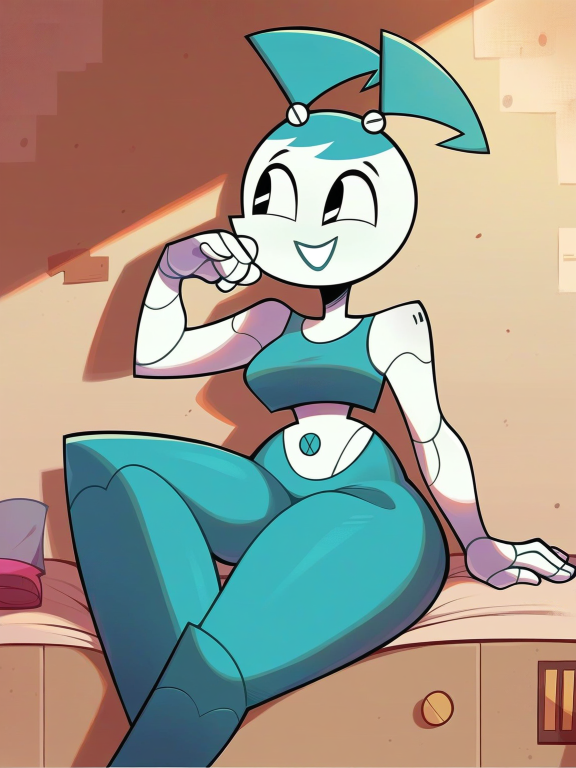<lora:XJ-9:0.6>, x_j_9, 1girl, robot, blue hair, black eyes, (((curvy body))),, score_9, score_8_up, score_7_up,