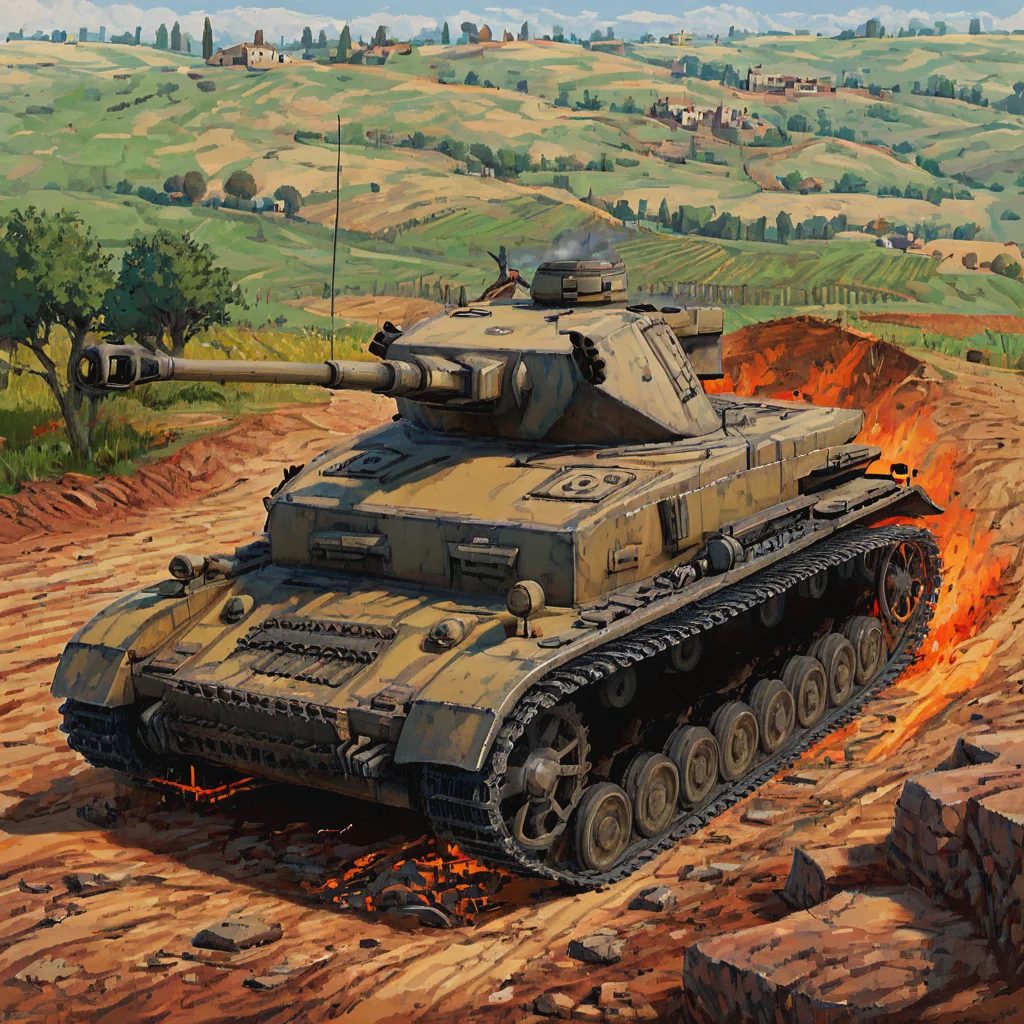 In the rolling hills of the Italian campaign, a pnzr4tnk tank navigates difficult terrain, providing fire support to German troops resisting Allied advances. The picturesque landscape of vineyards and ancient ruins contrasts with the scars of war, emphasizing the tank's presence in diverse combat environments ((pulp_comic, heavy_lines, hand_drawn, hand_inked, hand_colored, perfect_face, apxlz))