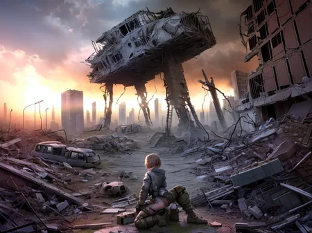(disney:0.4)
(cartoon:0.3)
(pixar:0.8)
(3D:1.2),(Pui),(UHD:1.1), (nsfw:1.3),
(detailed background visible:1.2),
(Photorealistic:1.2),
1girl (wearing recycled material clothes) kneeling , on a hill in front of a destroyed (city in ruins:1.2), (dim lighting), glowing LED, danger, nuclear hazard symbol,
<lora:Wasteland:1> Wasteland, the, and, with, wasteland, background,
(hyper detailed:1.2),
(Style: subsurface scattering, analog style, realistic, film photography, highres photo, cinematic Lighting, trending on artstation, ((high quality:1.2, masterpiece:1.2)), (8k resolution),)