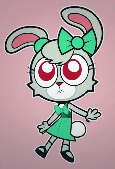 Score_9, score_8_up, score_7_up, solo, thick outline, black outline, BNNY, 1girl, furry, furry female, rabbit, furry female, animal ears, red eyes, rabbit ears, rabbit girl, tail, rabbit tail, buck teeth, dress, bow, hair bow, green bow, expressionless