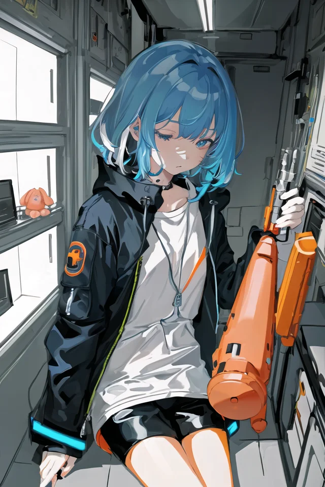 art by yaguru magiku, dreamy, full body
(((masterpiece)), (((best quality))), ((ultra-detailed)), ((illustration)), 1girl,,aqua theme,black hair,blinking,blue jacket,book,bookshelf,closed mouth,color edtips,constel lation,flat color,holding,holding wand,jacket,looking up,lying,malefocus,multicolored hair,noline art,orange hair,orbital path,planet,shirt,short hair,sitting,solo,space,spacestation,spacecraft interior,starwand,stuffedanima,stuffed bunny,stuffed toy,tele scope,utaite(singer),wand1,whitefootwear,whiteshirt)