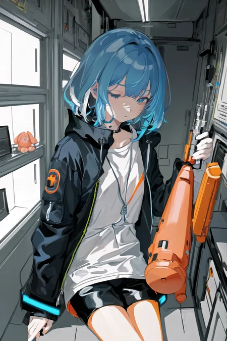 art by yaguru magiku, dreamy, full body
(((masterpiece)), (((best quality))), ((ultra-detailed)), ((illustration)), 1girl,,aqua theme,black hair,blinking,blue jacket,book,bookshelf,closed mouth,color edtips,constel lation,flat color,holding,holding wand,jacket,looking up,lying,malefocus,multicolored hair,noline art,orange hair,orbital path,planet,shirt,short hair,sitting,solo,space,spacestation,spacecraft interior,starwand,stuffedanima,stuffed bunny,stuffed toy,tele scope,utaite(singer),wand1,whitefootwear,whiteshirt)