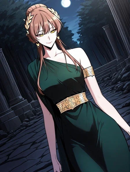 <lora:Omniscient_Readers_Viewpoint__Persephone:1>
1girl, solo, brown hair, long hair, braid, hair bun, hair ornament, yellow eyes, golden laurel crown,
green dress, one shoulder dress, long dress, gold waistband, golden armlet, moon earrings, asymmetric dress, slit dress, greek style dress, bare shoulders,
score_9, score_8_up, score_7_up, very aesthetic, source_anime, detailed, high quality, beautiful, masterpiece, detailed eyes, forest, tree, ruins, cowboy shot, dynamic angle, upper body, light smile, dynamic pose