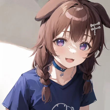 masterpiece, best quality, absurdres,
Korone, 1girl, solo, indoors, :3, smile, dog girl, dog ears, twin braids, sidelocks, hair ornament, open mouth,
close up, detailed face, detailed eyes, ((blue t-shirt)), portrait