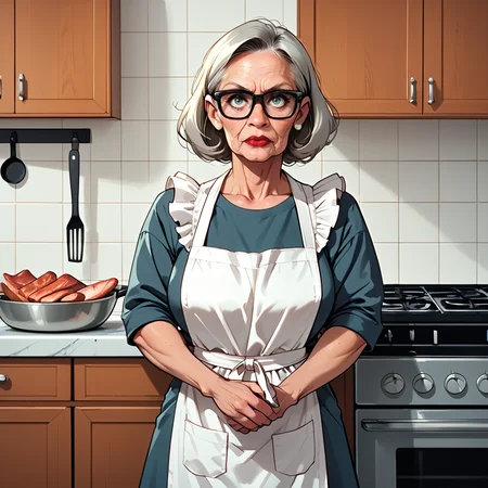 solo, score_7_up, granny, apron with frills, huge tits, long blonde/grey hair, kitchen, trout-pout <lora:Evil_Granny_Pony:.6> black glasses, red lips <lora:OHWX_KUZT_LKJH_1024:.5>