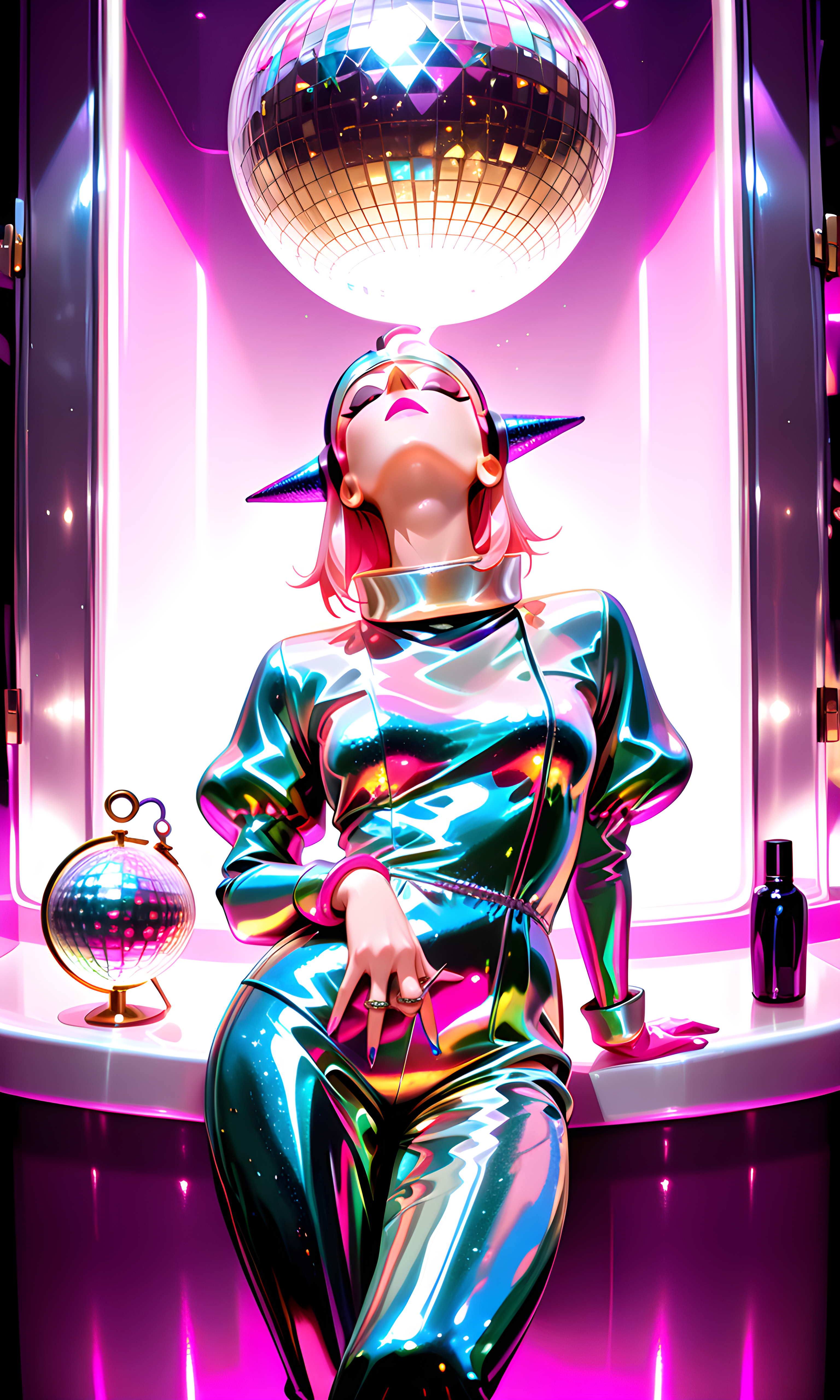 1girl, solo, metallic lamé jumpsuit with wide collar, blissed-out eyes closed mid-spin, disco ball purse and vinyl gloves, grungy nightclub bathroom with smeared mirrors, peeling nail polish and busted rings, glitter-slick lids and glossy pink lips with teased blowout, leaning back on one hand, leg crossed, relaxed stance, 8K, ultra-detailed, cinematic lighting, best, quality, masterpiece