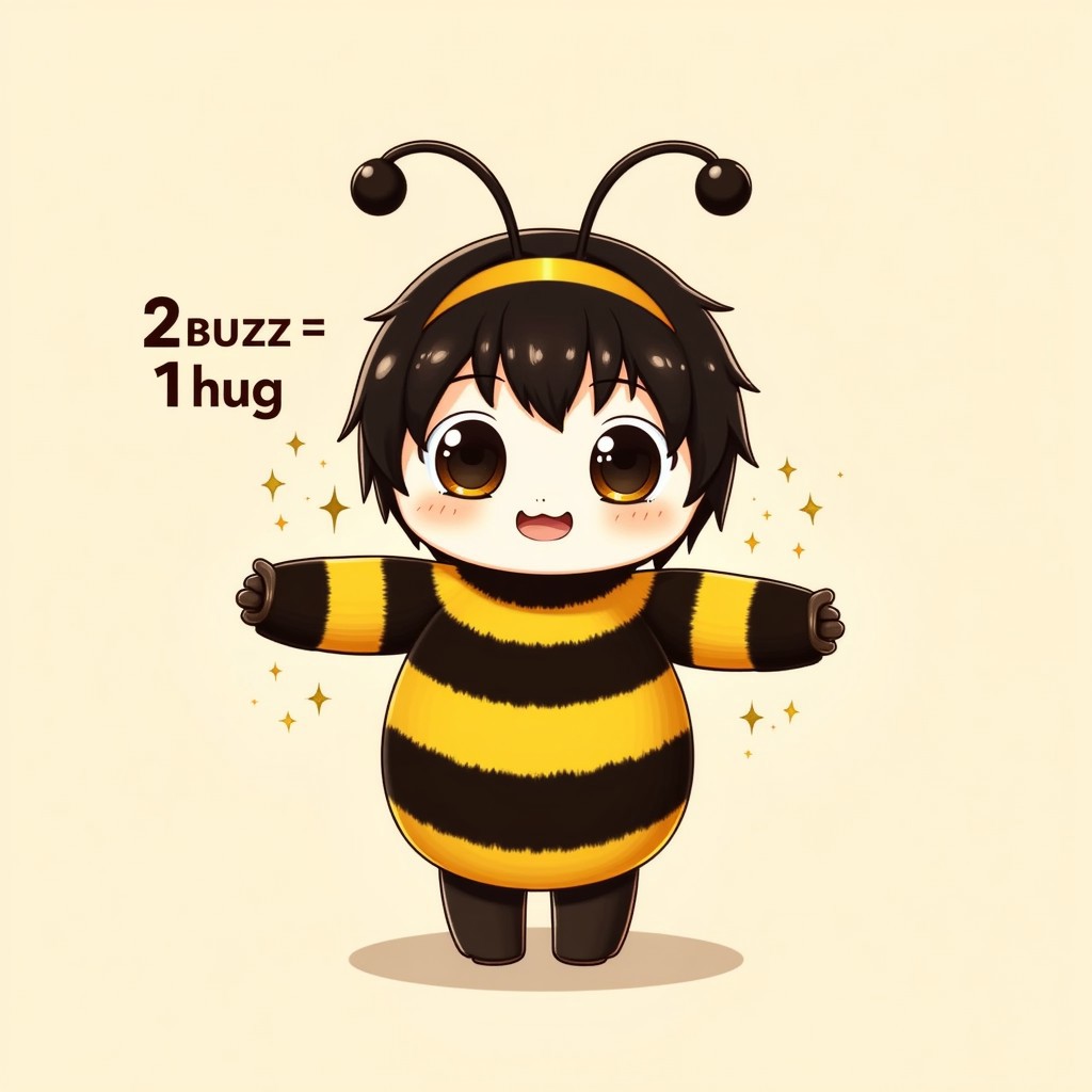 anthro bee, furry female, cute, adorable, standing, looking at viewer , outstretched arms, chibi. The text alongside her reads “2 buzz = 1 hug”.