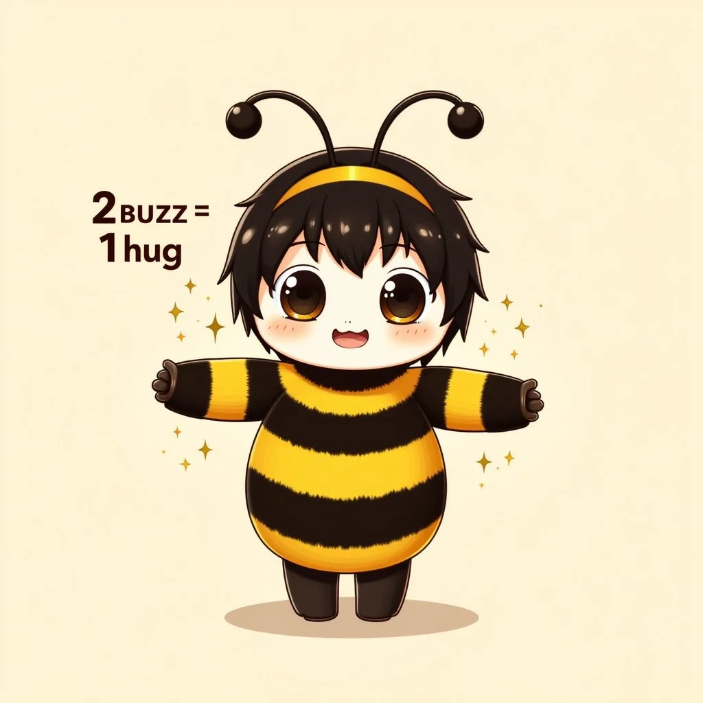 anthro bee, furry female, cute, adorable, standing, looking at viewer , outstretched arms, chibi. The text alongside her reads “2 buzz = 1 hug”.