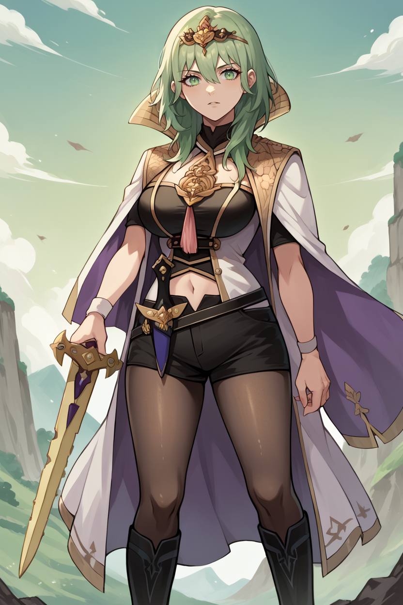 score_9, score_8_up, score_7_up, score_6_up, source_anime, BREAK 1girl, solo <lora:byleth-pdxl-nvwls-v1-000005:1> enlightenedByl, green hair, green eyes, tiara, gold-trimmed cloak, high collar, amulet, tassel, black bustier, navel, black shorts, pantyhose, big breasts, cliff, holding sword, sword, looking at viewer, furrowed brow, standing, boots