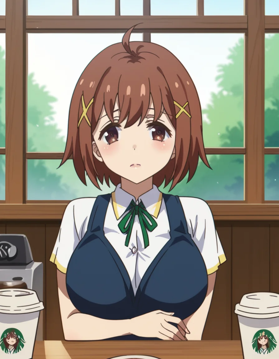 score_9, score_8_up, score_7_up, source_anime, <lora:nimi-minimi-s1-ponyxl-lora-nochekaiser:1>, nimi minimi, short hair, large breasts, brown hair, hair ornament, brown eyes, ahoge, x hair ornament, skirt, school uniform, blue skirt, short sleeves, collared shirt, ribbon, green ribbon,, cafe, coffee cup, barista, sitting down, talking, relaxing, sunlight through window, , looking at viewer, hand on stomach, blush,, solo,, cowboy shot, dutch angle