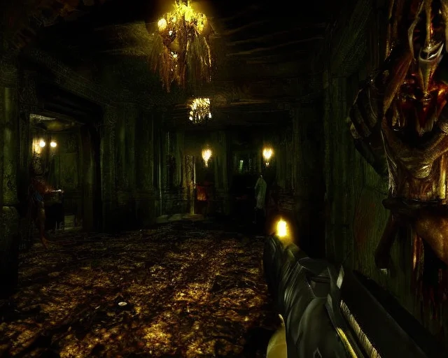 footage of a haunted hotel from a pc_game_screenshot, ((horrific monsters in the darkness)), ghosts, low health <lora:epiNoiseoffset_v2:1.4>
