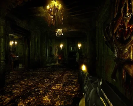 footage of a haunted hotel from a pc_game_screenshot, ((horrific monsters in the darkness)), ghosts, low health <lora:epiNoiseoffset_v2:1.4>