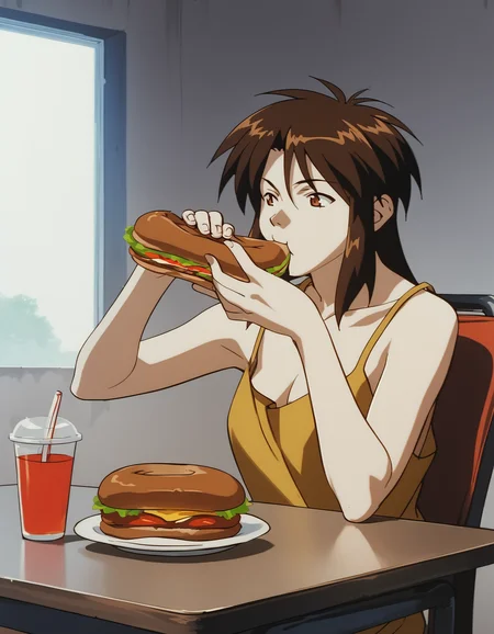 score_9, score_8_up, score_7_up, source_anime, <lora:priss-v3-ponyxl-000005:1> 1girl, solo, priss, tank top, sitting, eating, (sandwich:0.8), table, indoors