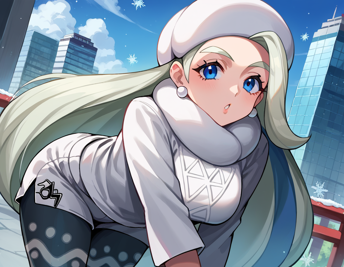 score_9, score_8_up, score_7_up, source_anime,
pokemonmelony, <lora:pokemon-melony-ponyxl-lora-nochekaiser:1>
pokemonmelony, blue eyes, eyelashes, long hair, multicolored hair, streaked hair, grey hair,
earrings, gloves, hat, jewelry, long sleeves, pantyhose, pantyhose under shorts, scarf, shorts, single glove, snowflakes, sweater, white headwear, white scarf, white sweater,
outdoors, cityscape, bent over,
looking at viewer, cowboy shot, dutch angle,