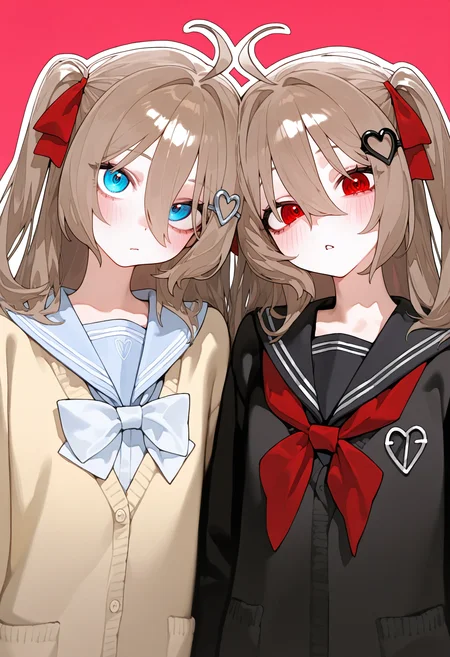 <lora:eatsleep111SDXL:0.75>, best quality, masterpiece, eatsleep1111, evil neuro-sama, neuro-sama, brown hair, 2girls, twins, sisters, black serafuku, serafuku, white heart hair ornament, black heart hair ornament, school uniform, black cardigan, yellow cardigan, blue eyes, red eyes, side-by-side, pink background, white outline, blush, <lora:NeuroEvilVedalSDXLNoobAI10:1>