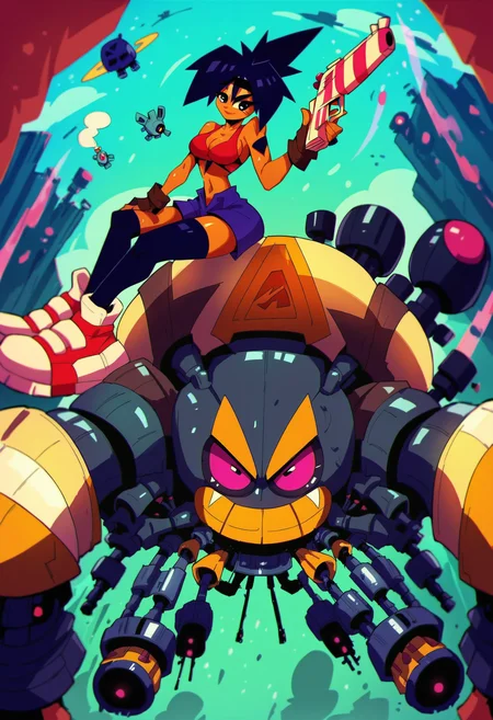 score_9, score_8_up, score_7_up, score_6_up, score_5_up, score_4_up, BREAK
robot, 1girl, weapon, gun, holding gun, holding weapon, breasts, holding, shorts, gloves, dark-skinned female, fingerless gloves, dark skin, short hair, navel, black hair, thighhighs, smoking gun, smoke, smile, cleavage, shoes, brown gloves, sitting, sneakers, medium breasts, headband, handgun, sky, blue shorts
 <lora:groovysmooth:1>