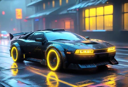 advntr, aidmamj6.1, h4v_h0l0,
sfw, rating_safe:, cyberpunk,
, Cyberpunk black car with boxy design, black windows, neon glow, riding, wet road, after rain, night, Cyberpunk city, glowing yellow paint with dragon print,