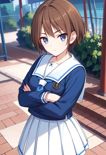 score_9, score_8_up, score_7_up, source_anime,YORI (PLAYER), 1girl, solo, looking at viewer, short hair, blue eyes, skirt, brown hair, shirt, long sleeves, closed mouth, school uniform, standing, pleated skirt, serafuku, sailor collar, crossed arms, white skirt, blue shirt, white sailor collar