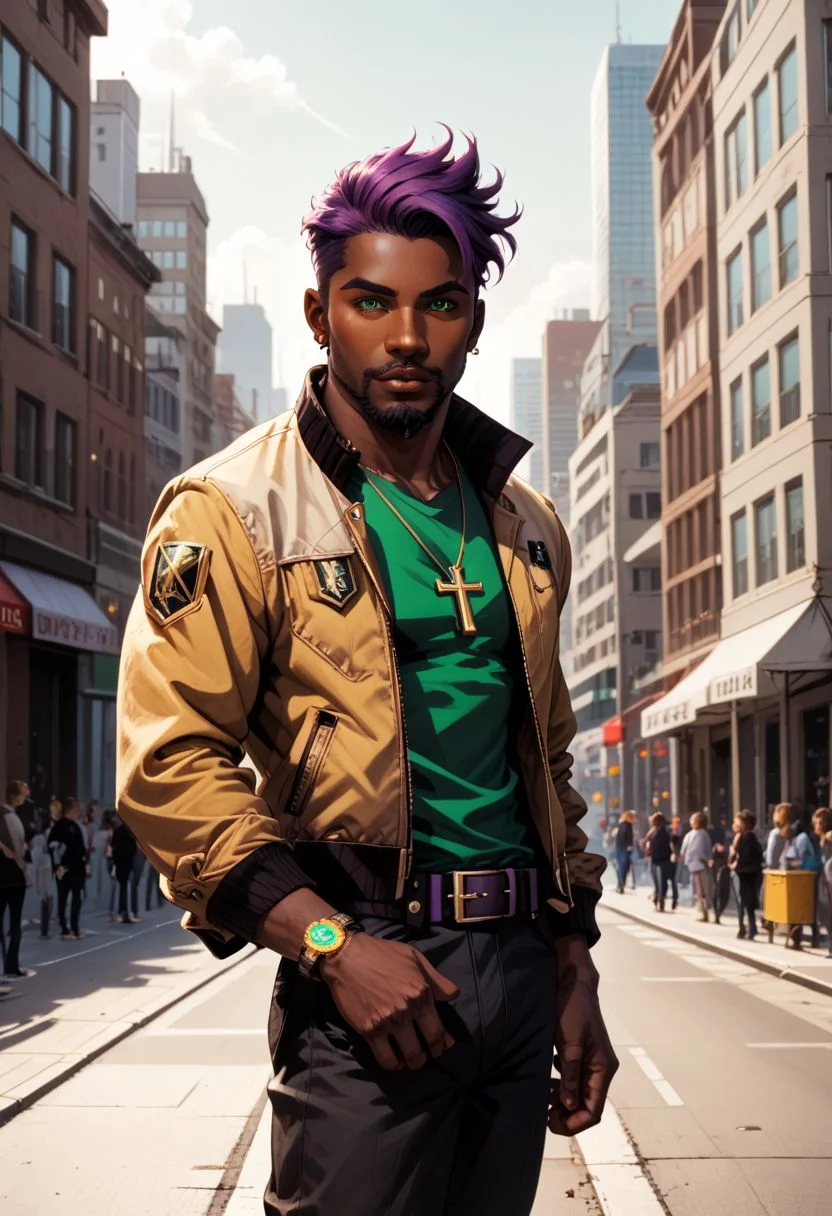 Animated Nightmare Style, 1boy, beard, belt, black pants, brown jacket, building, city, cross, cross necklace, dark skin, dark-skinned male, earrings, facial hair, glowing, goatee, green belt, green eyes, green shirt, jacket, jewelry, looking at viewer, male focus, multicolored jacket, necklace, open clothes, open jacket, outdoors, pants, purple hair, shirt, short hair, solo, undercut, watch, wristwatch, yellow jacket, BREAK PonyXLV6_Scores